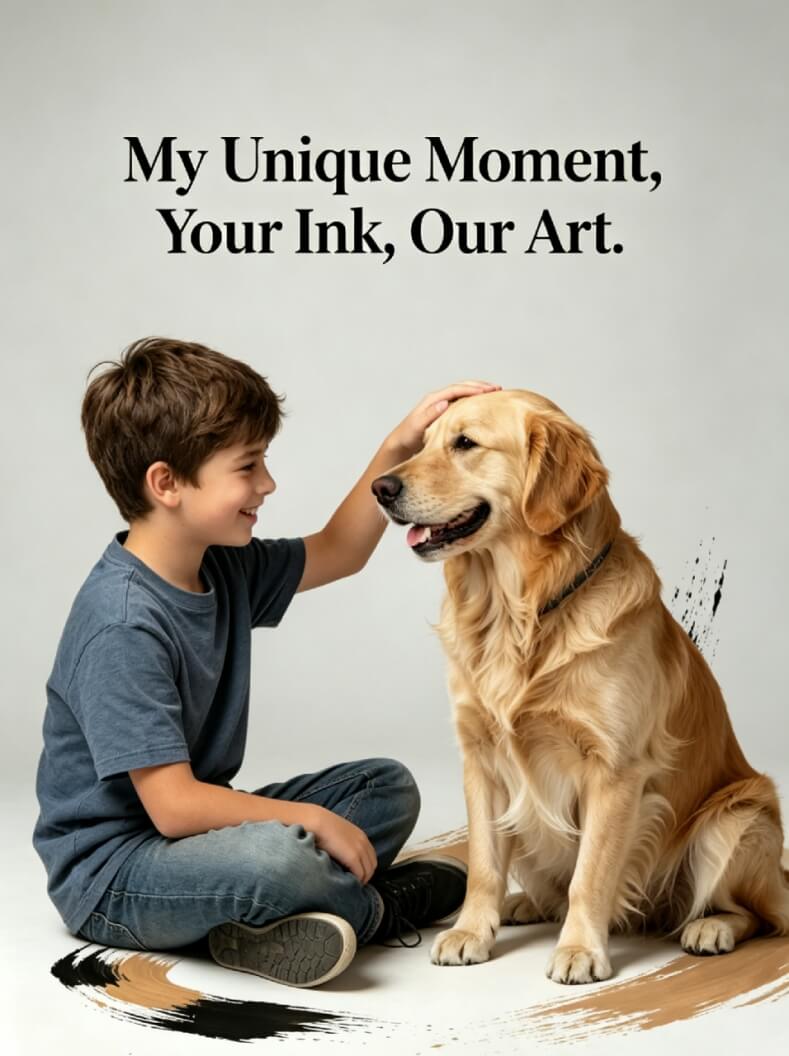 MUMURINKA brand story: Boy sharing special moment with golden retriever, turning pet memories into custom art socks