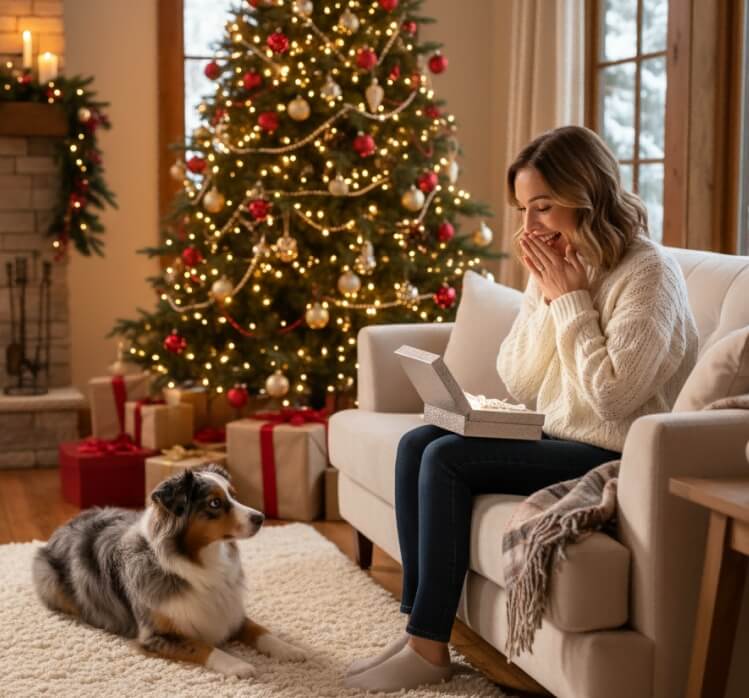 MUMURINKA customer holiday memory: Girl with dog by Christmas tree, personalized pet photo gifts for special moments