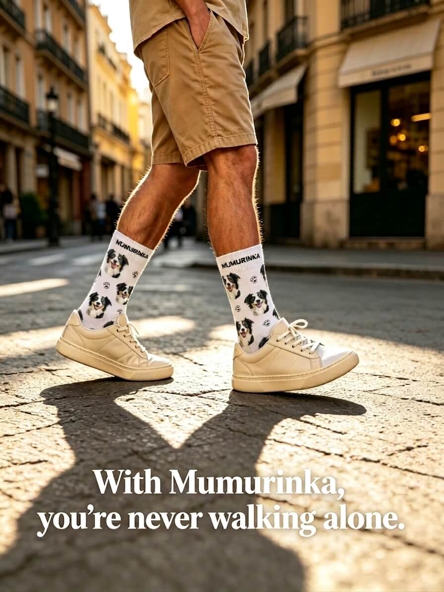 Custom dog face socks by MUMURINKA worn on city street, personalized pet photo crew socks for men who love their dogs